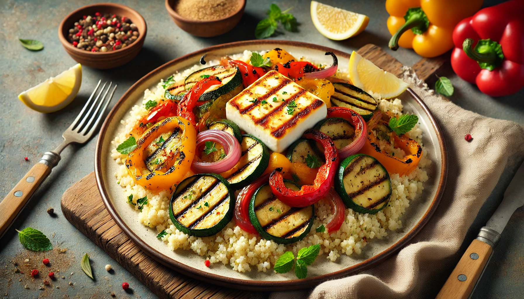 Gezonde avondmaaltijd Couscous met gegrilde groenten en halloumi